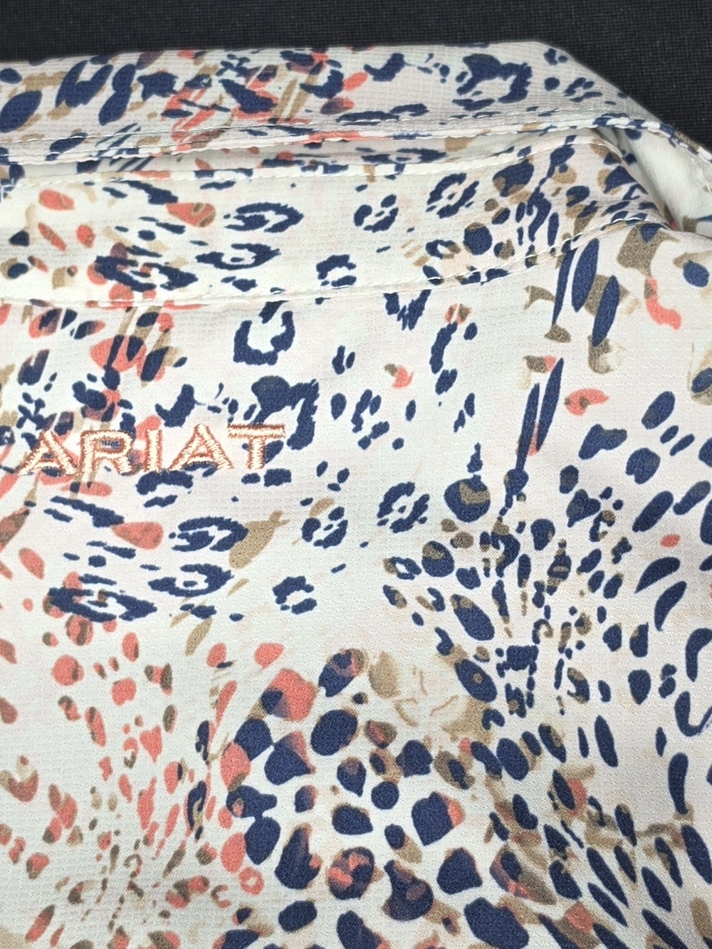 Ariat Cream Button-Down Shirt with Coral & Navy Print - Picture 3 of 7